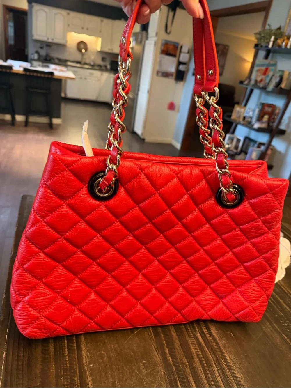 Kate Spade Quilted Red Tote Bag with Gold Chain Handles